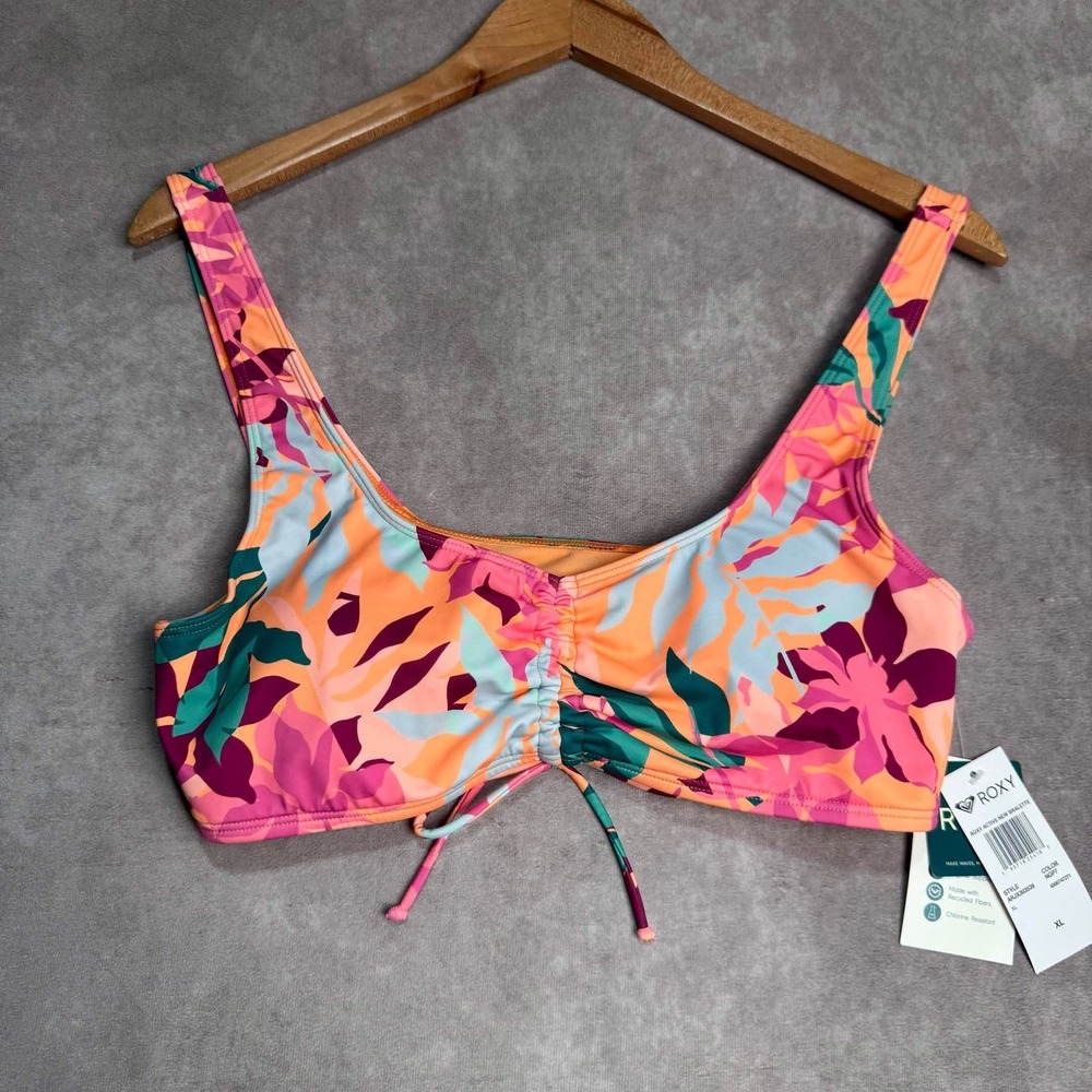 Roxy Active New Bralette Bikini Top Tropical Floral Orange XL ARJX303539 NWT